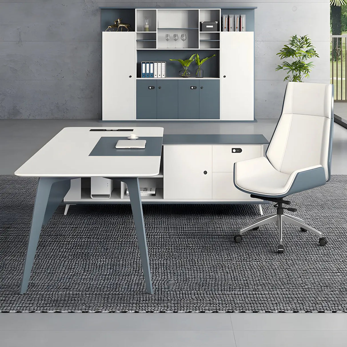 White Wood L-Shape Executive Desk with Cable Management Image - 3