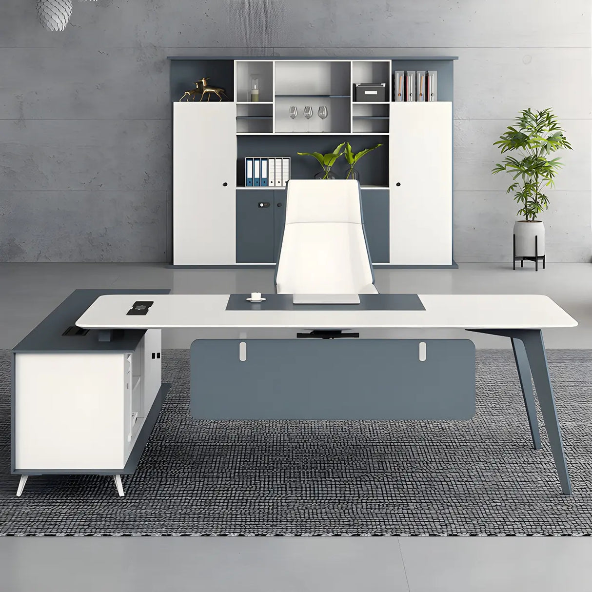 White Wood L-Shape Executive Desk with Cable Management Image - 4