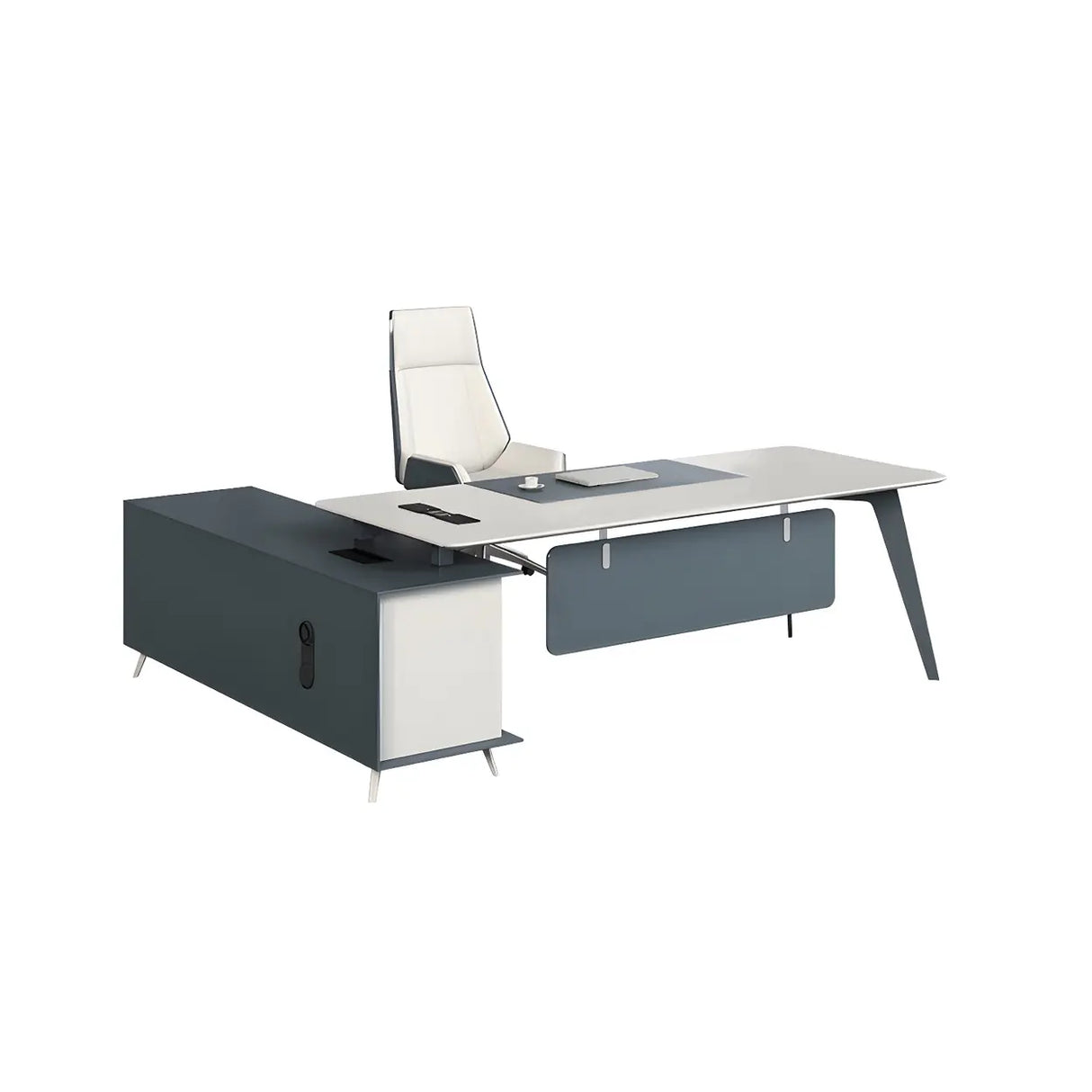 White Wood L-Shape Executive Desk with Cable Management Image - 5