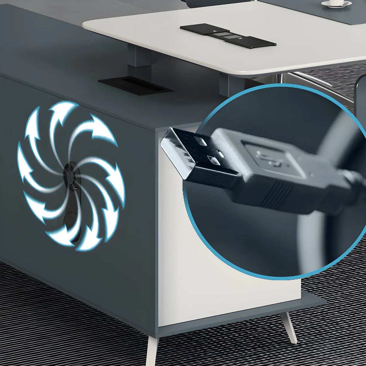 White Wood L-Shape Executive Desk with Cable Management Image - 7