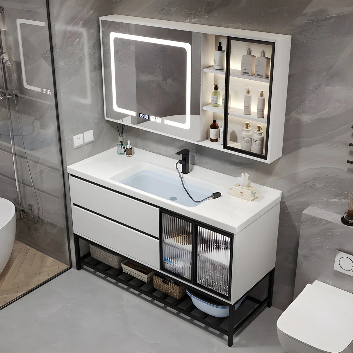 White Wood Modern Bathroom Vanity with Ceramic Top and Sink Image - 1