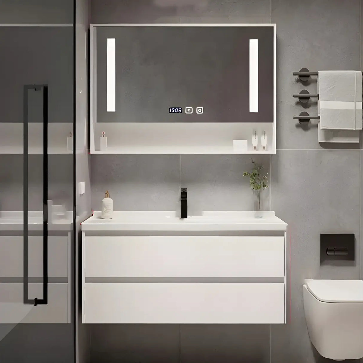 White Wood Modern Bathroom Vanity with Ceramic Top and Sink Image - 12