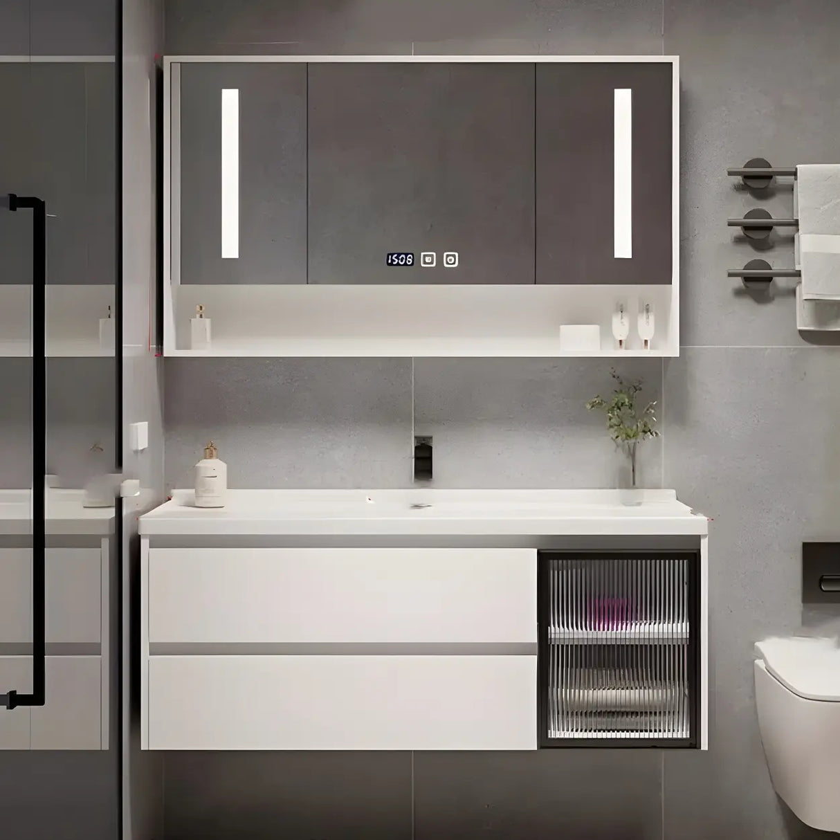 White Wood Modern Bathroom Vanity with Ceramic Top and Sink Image - 17