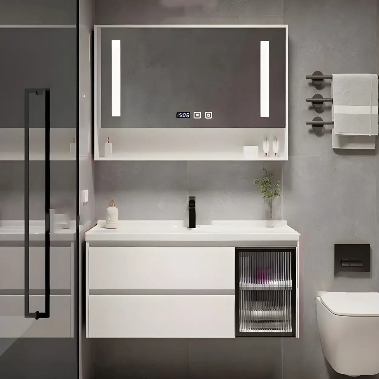 White Wood Modern Bathroom Vanity with Ceramic Top and Sink Image - 18