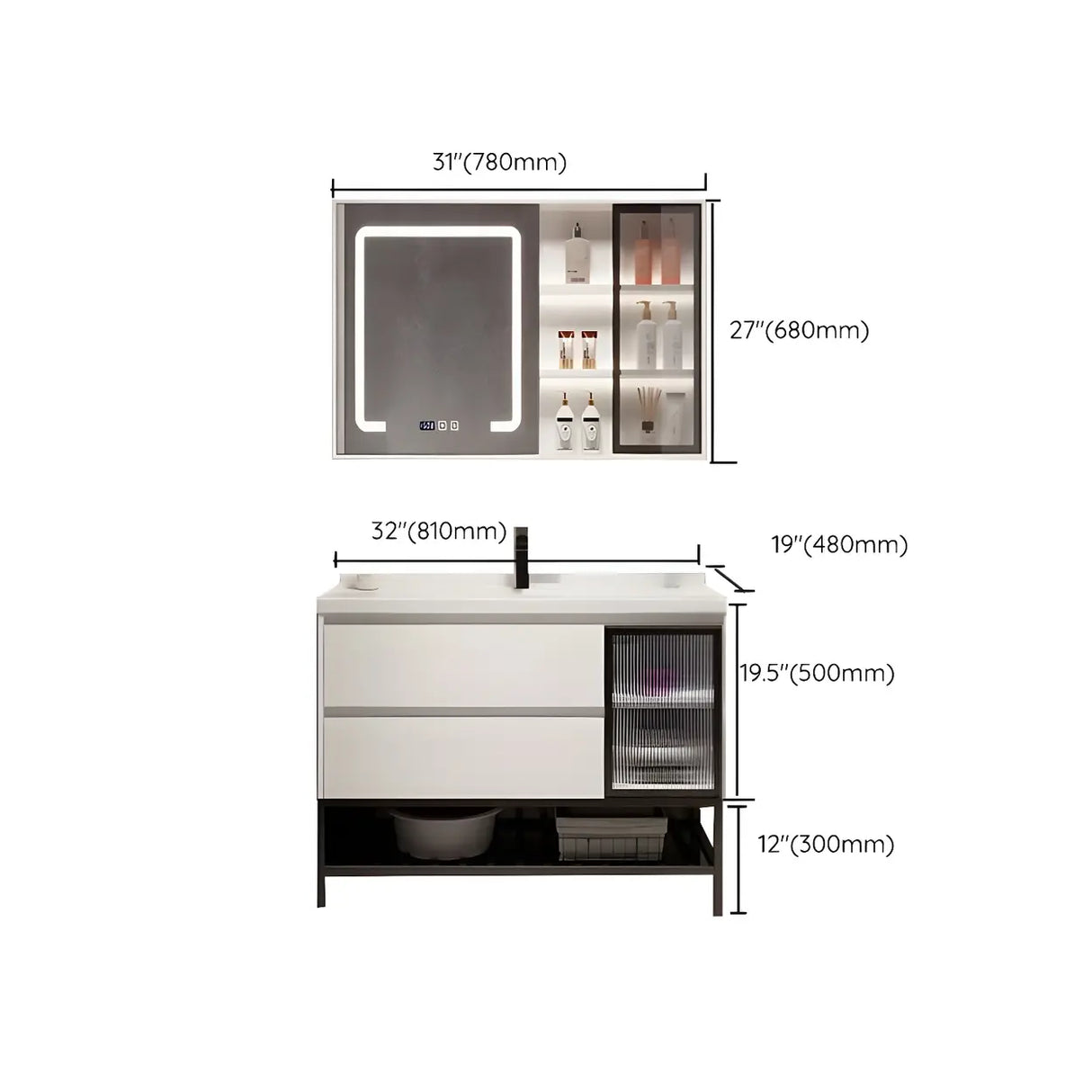 White Wood Modern Bathroom Vanity with Ceramic Top and Sink Image - 55