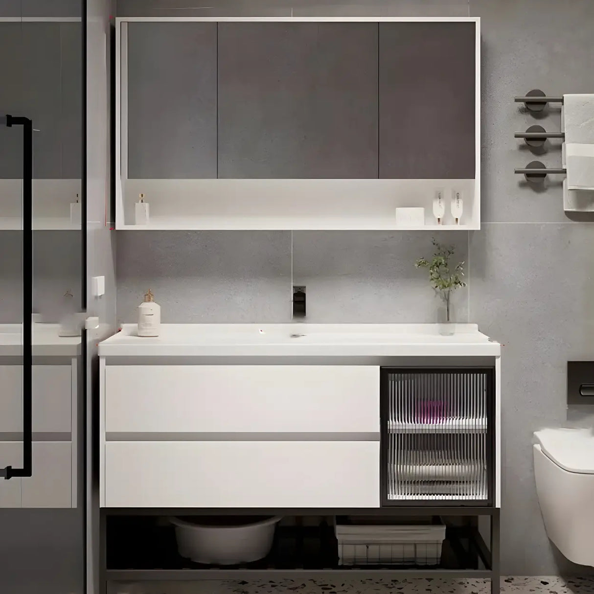 White Wood Modern Bathroom Vanity with Ceramic Top and Sink Image - 22