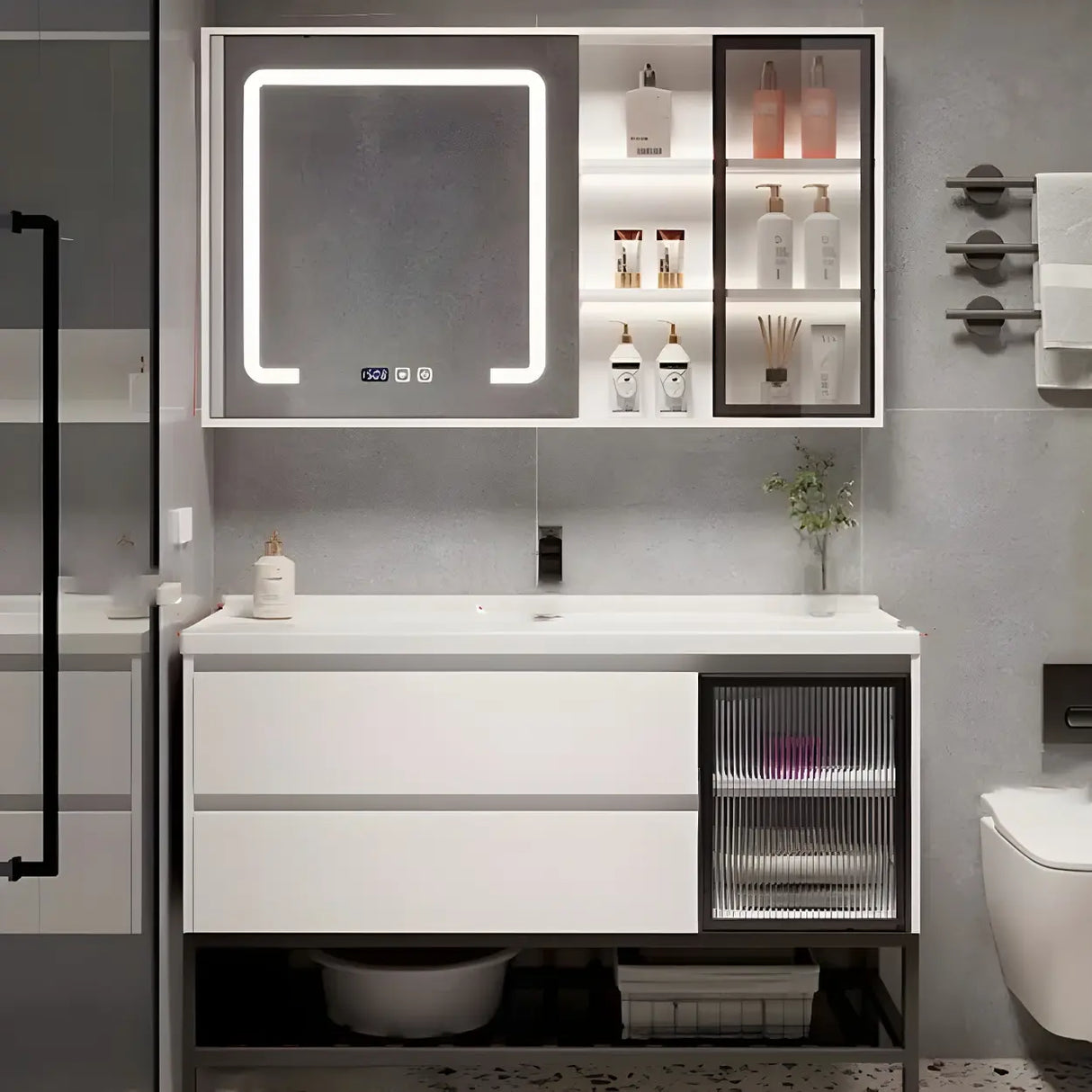 White Wood Modern Bathroom Vanity with Ceramic Top and Sink Image - 23