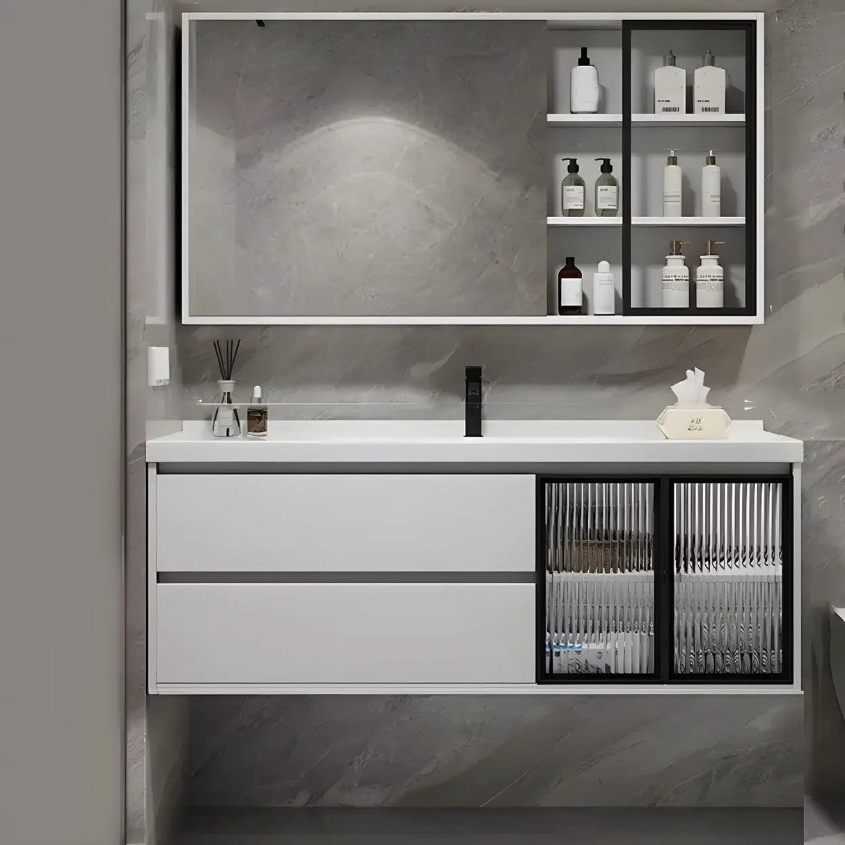 White Wood Modern Bathroom Vanity with Ceramic Top and Sink Image - 24
