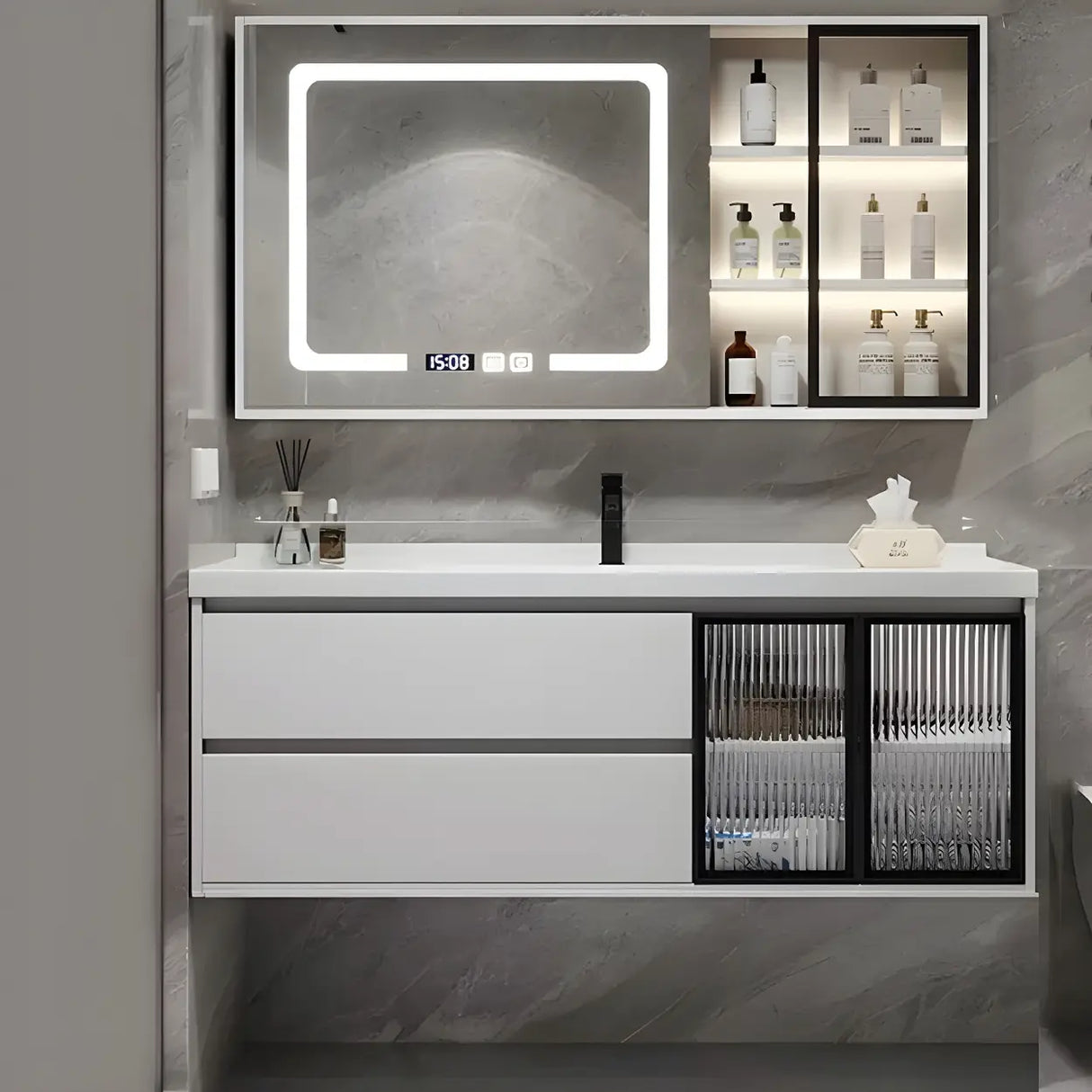 White Wood Modern Bathroom Vanity with Ceramic Top and Sink Image - 25