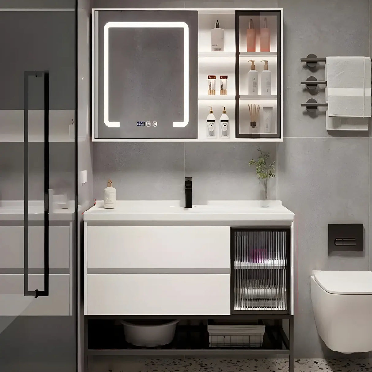 White Wood Modern Bathroom Vanity with Ceramic Top and Sink Image - 27