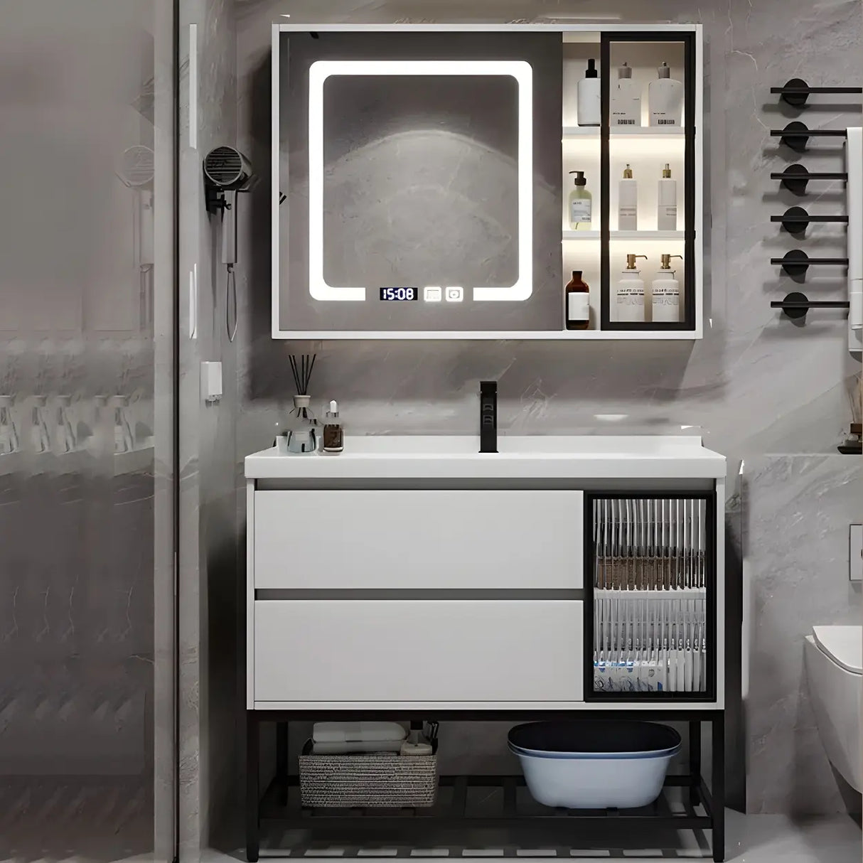 White Wood Modern Bathroom Vanity with Ceramic Top and Sink Image - 28