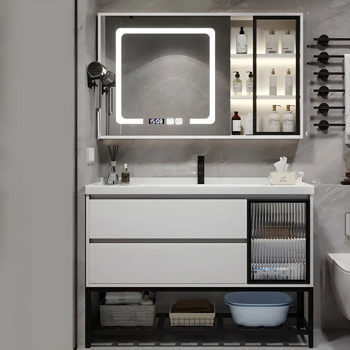 White Wood Modern Bathroom Vanity with Ceramic Top and Sink Image - 29