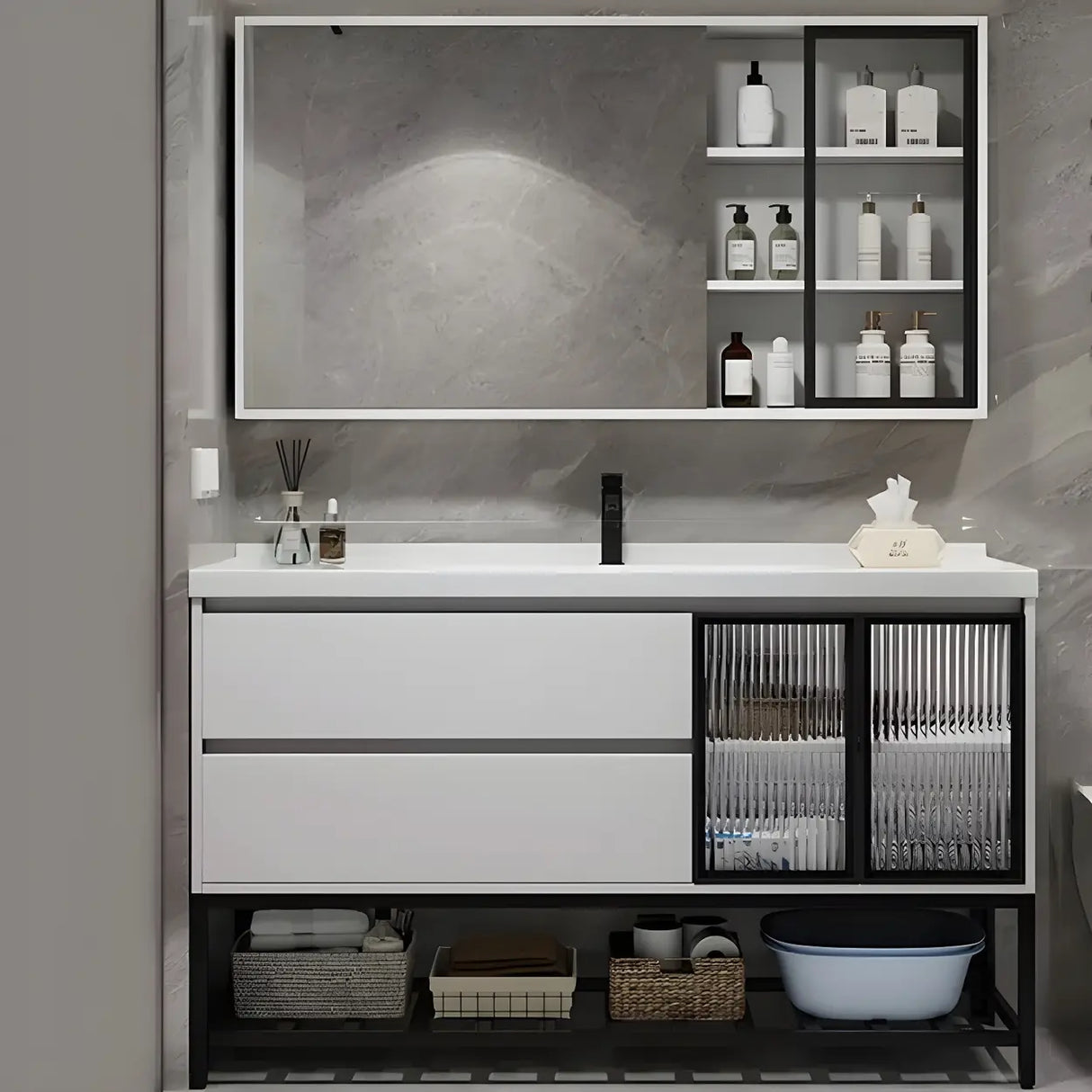 White Wood Modern Bathroom Vanity with Ceramic Top and Sink Image - 5