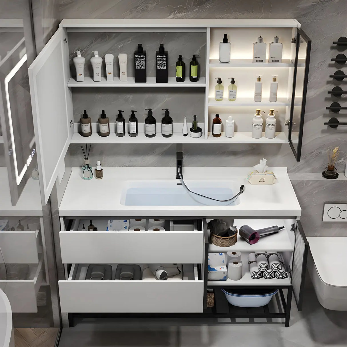 White Wood Modern Bathroom Vanity with Ceramic Top and Sink Image - 6