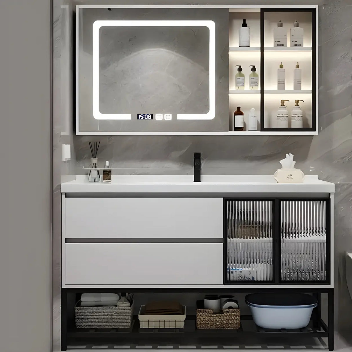 White Wood Modern Bathroom Vanity with Ceramic Top and Sink Image - 8