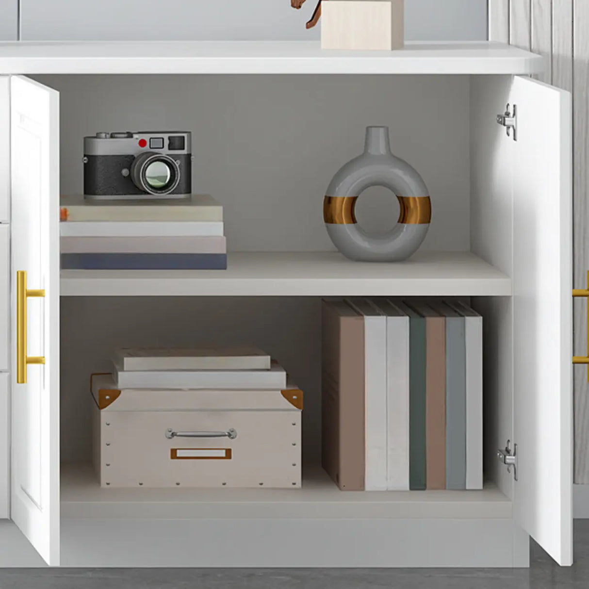 White Wood Open Storage Cabinet Rectangle TV Stand Image - 10