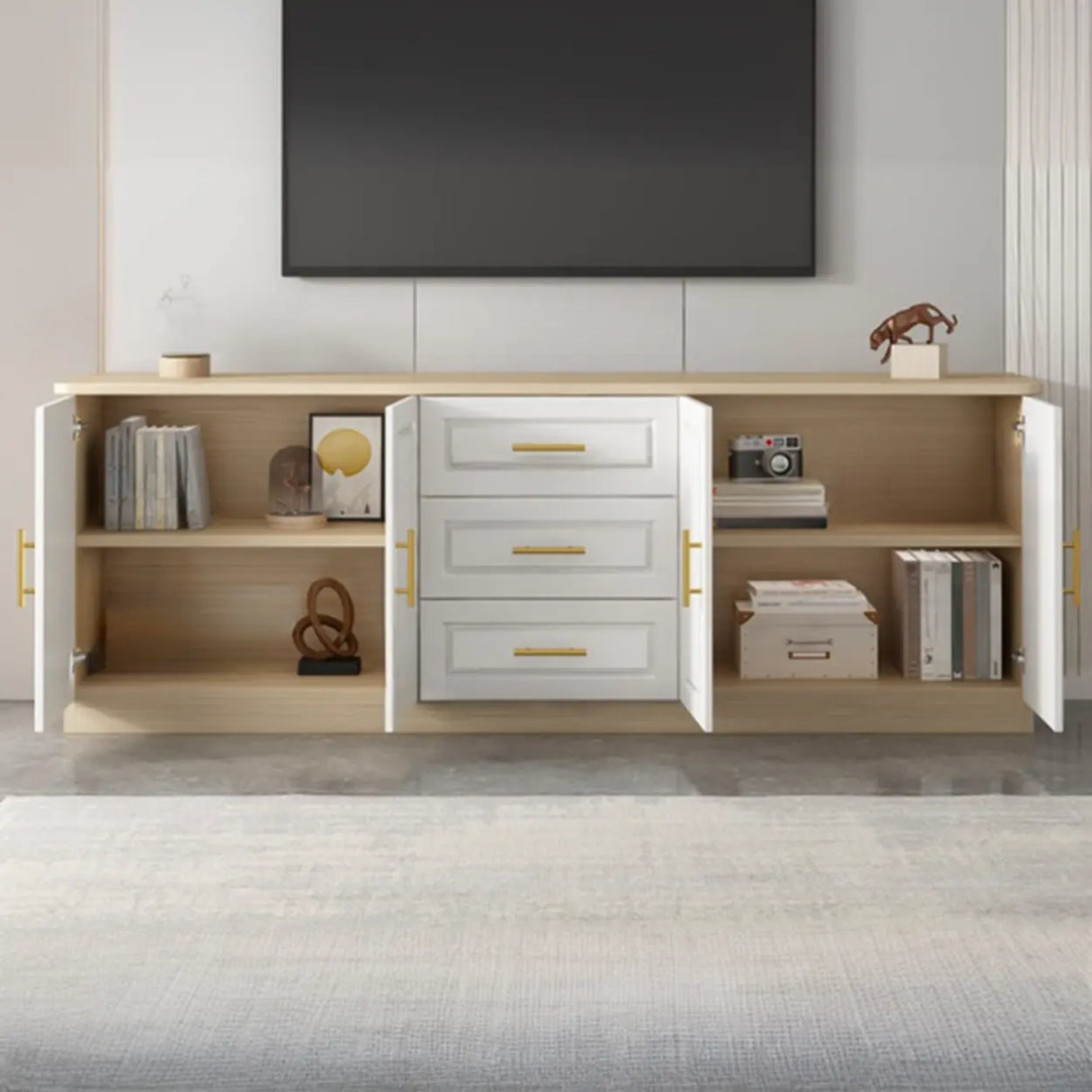 White Wood Open Storage Cabinet Rectangle TV Stand Image - 12