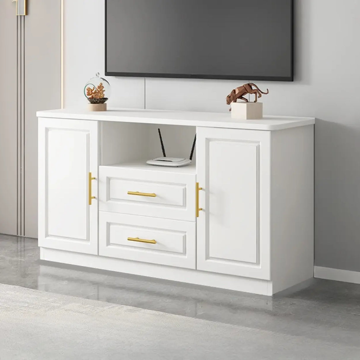 White Wood Open Storage Cabinet Rectangle TV Stand Image - 13