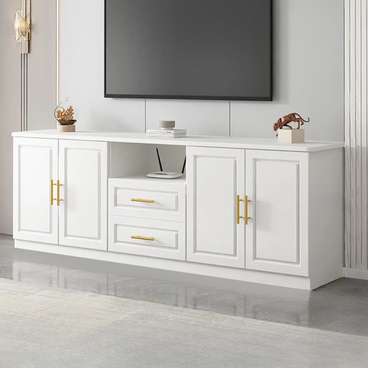 White Wood Open Storage Cabinet Rectangle TV Stand Image - 14