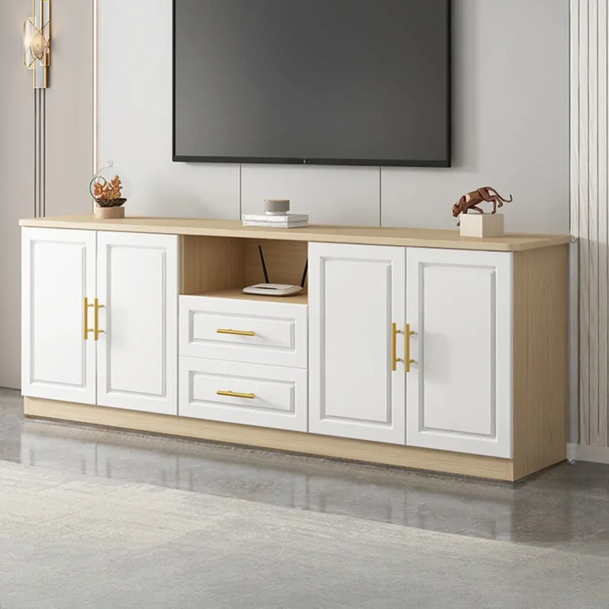 White Wood Open Storage Cabinet Rectangle TV Stand Image - 3