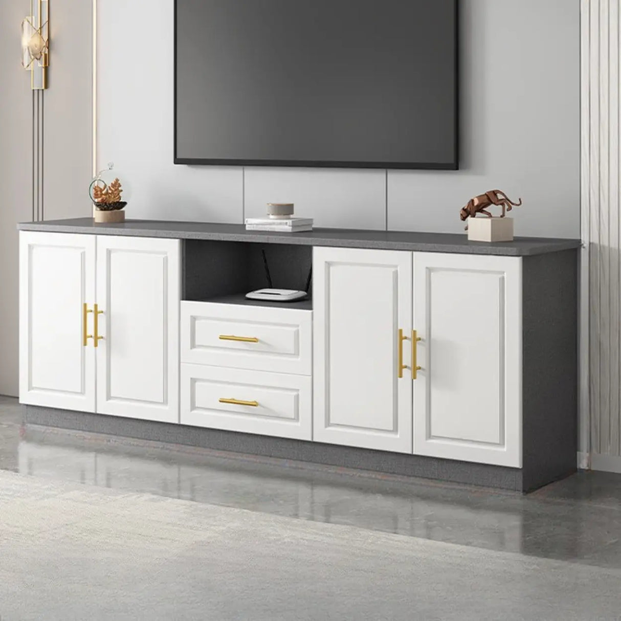 White Wood Open Storage Cabinet Rectangle TV Stand Image - 4