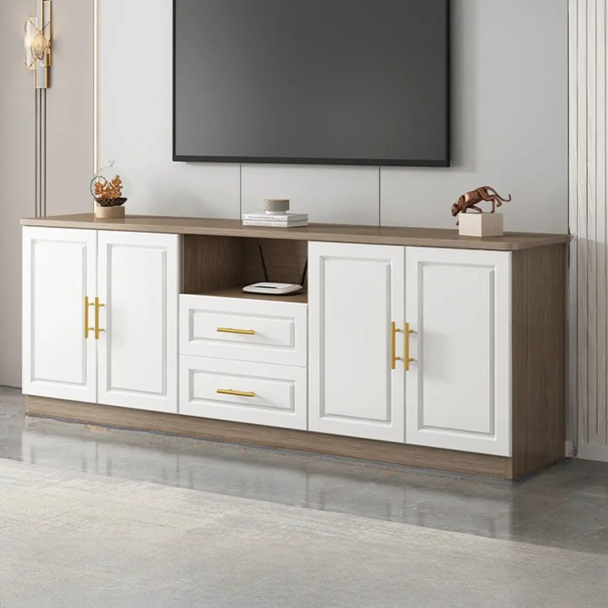 White Wood Open Storage Cabinet Rectangle TV Stand Image - 5