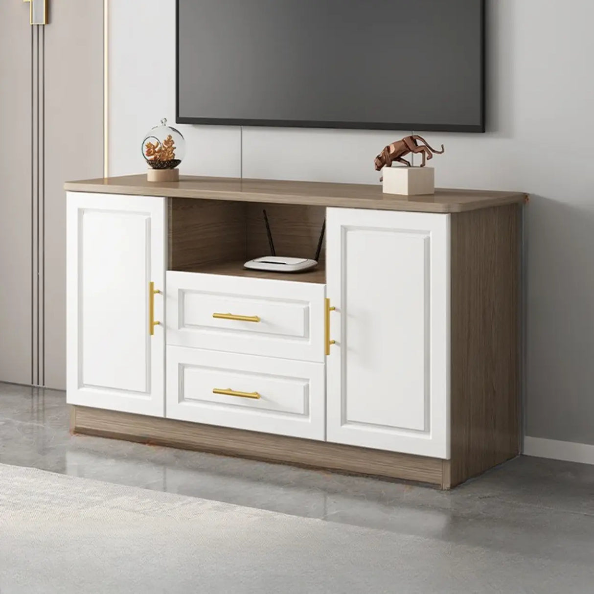 White Wood Open Storage Cabinet Rectangle TV Stand Image - 6