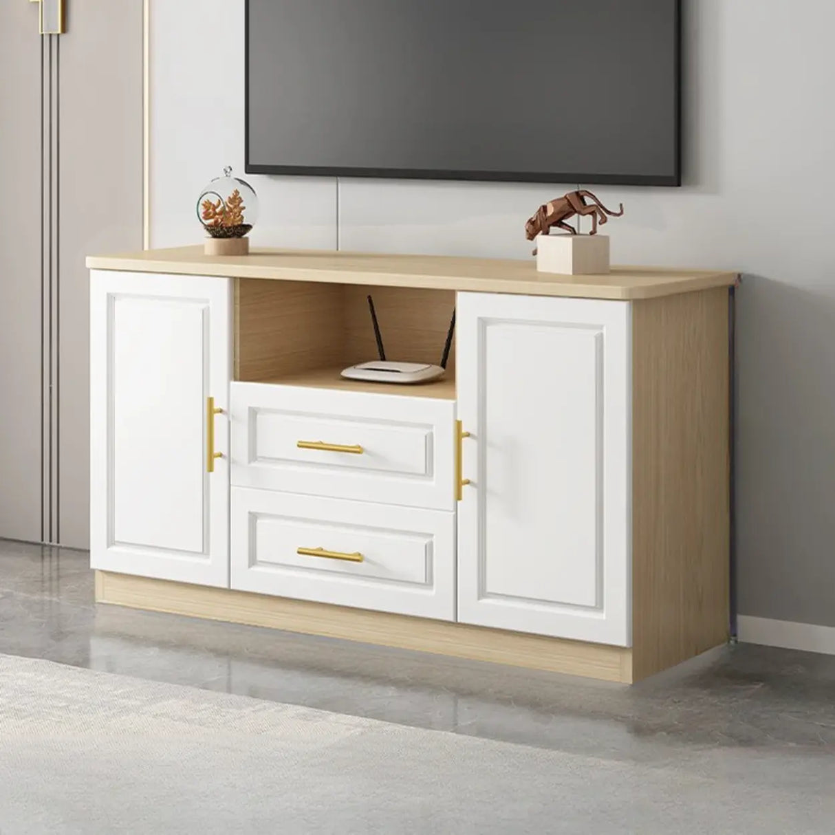 White Wood Open Storage Cabinet Rectangle TV Stand Image - 7