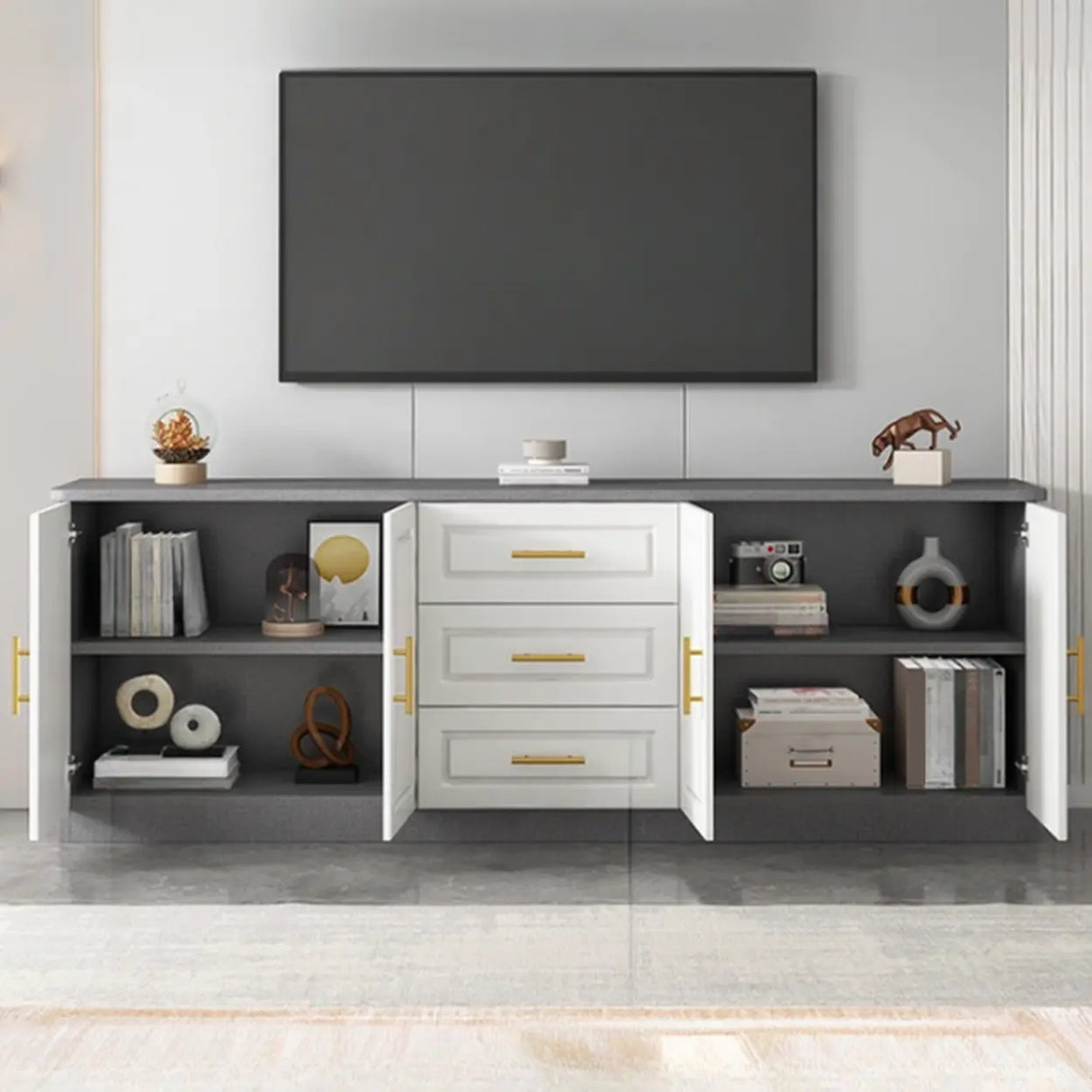 White Wood Open Storage Cabinet Rectangle TV Stand Image - 9