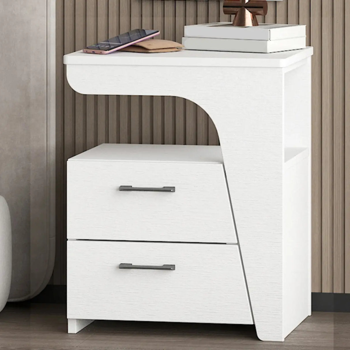 White Wood Open Storage Nightstand with 2 Drawers Shelf Image - 3