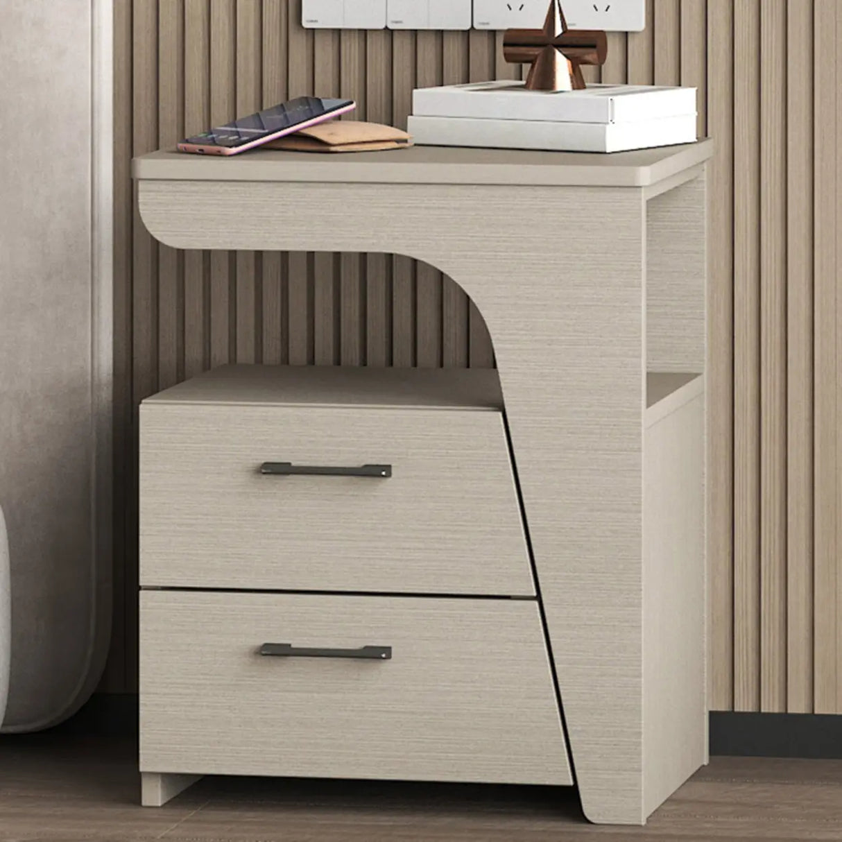 White Wood Open Storage Nightstand with 2 Drawers Shelf Image - 6
