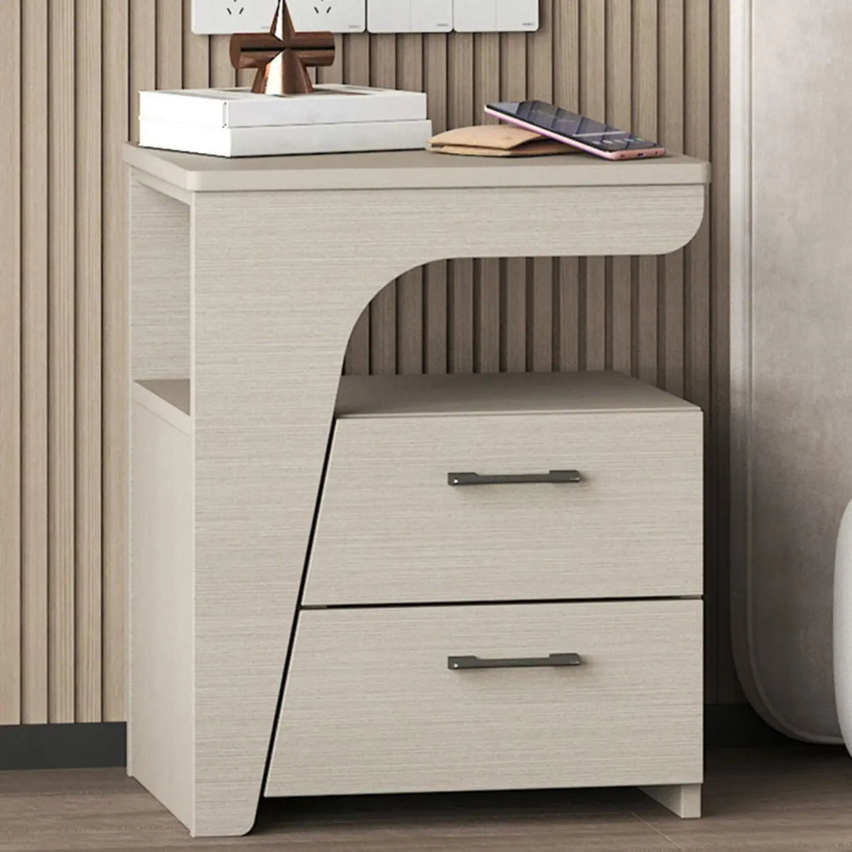White Wood Open Storage Nightstand with 2 Drawers Shelf Image - 8