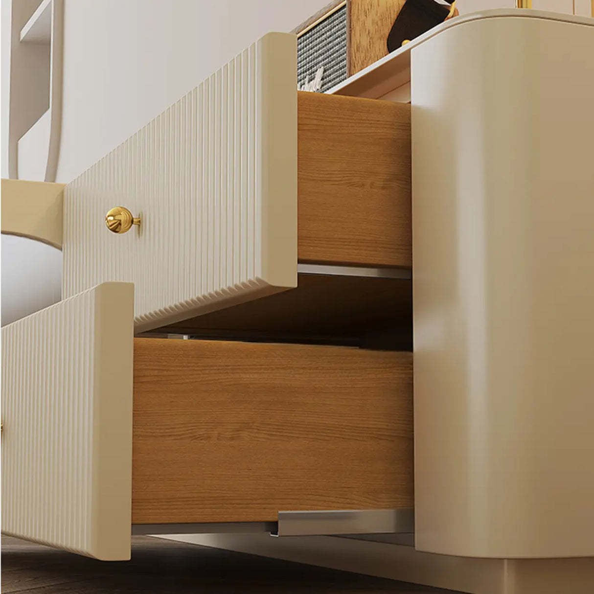 White Wood Shelves Cabinet Drawers Rectangle TV Stand Image - 10