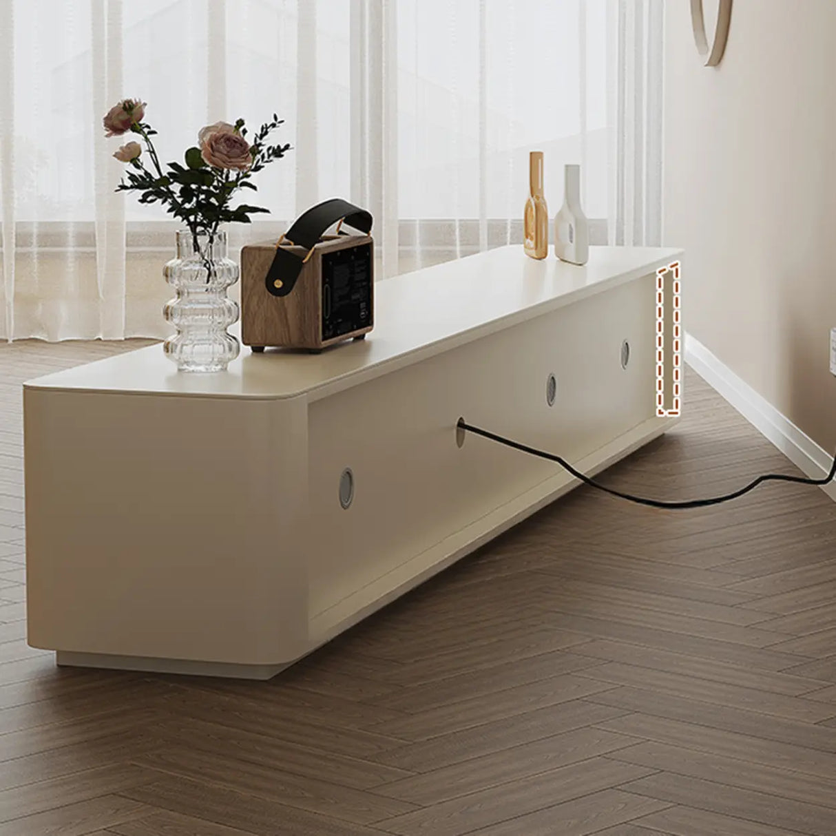 White Wood Shelves Cabinet Drawers Rectangle TV Stand Image - 14