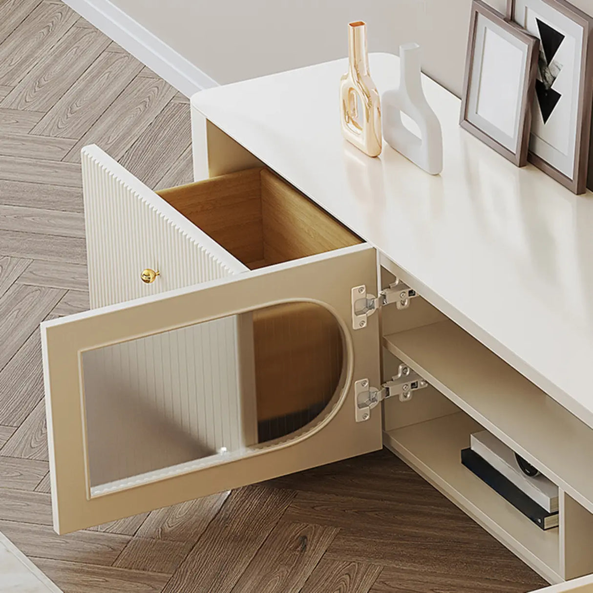 White Wood Shelves Cabinet Drawers Rectangle TV Stand Image - 16