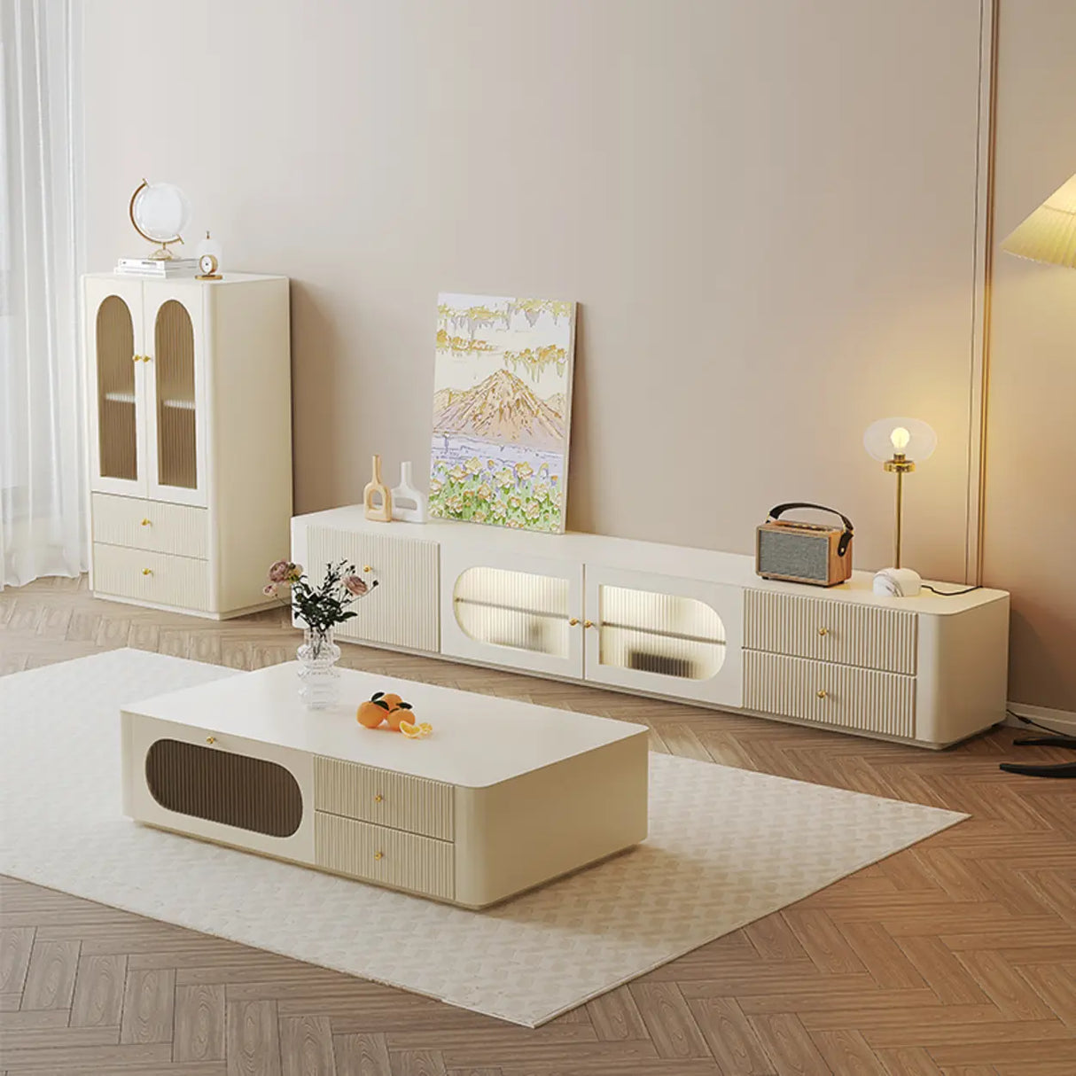 White Wood Shelves Cabinet Drawers Rectangle TV Stand Image - 1