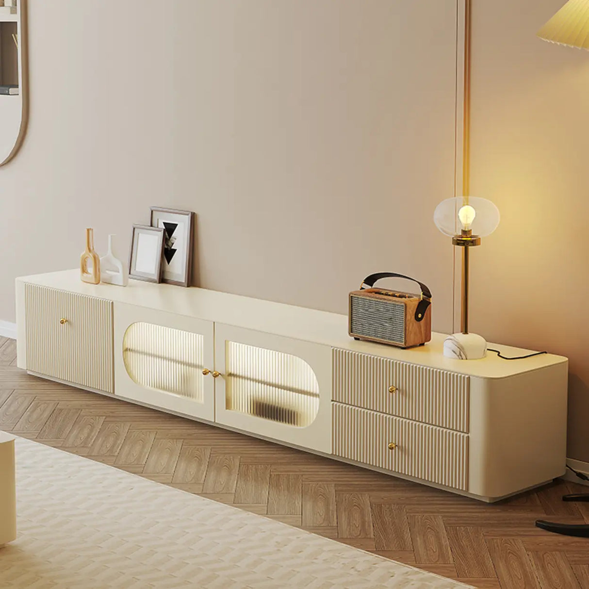 White Wood Shelves Cabinet Drawers Rectangle TV Stand Image - 3