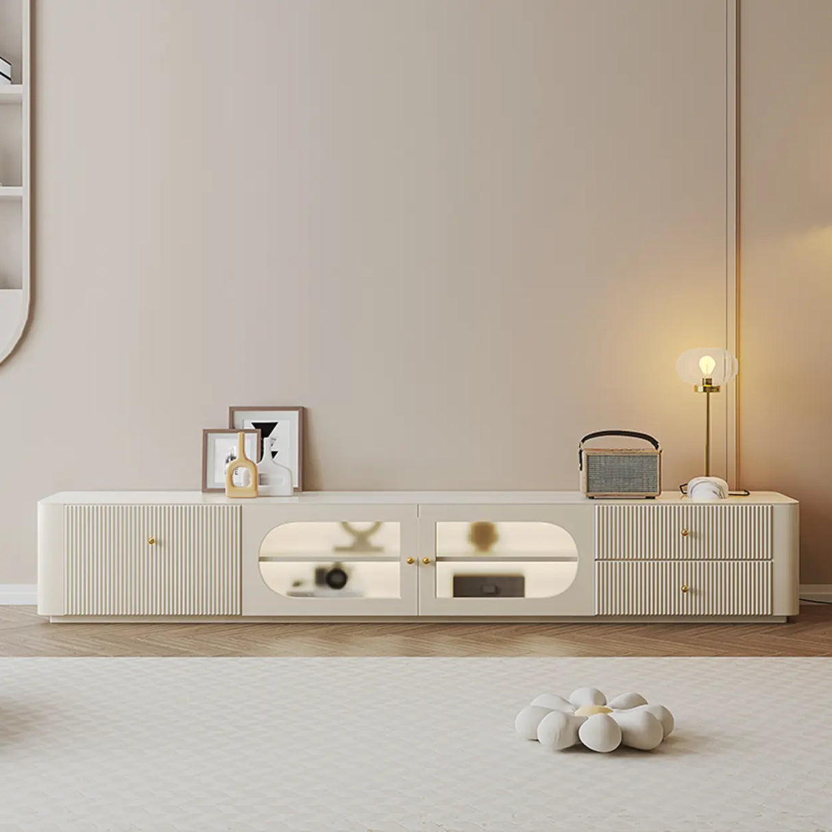 White Wood Shelves Cabinet Drawers Rectangle TV Stand Image - 6