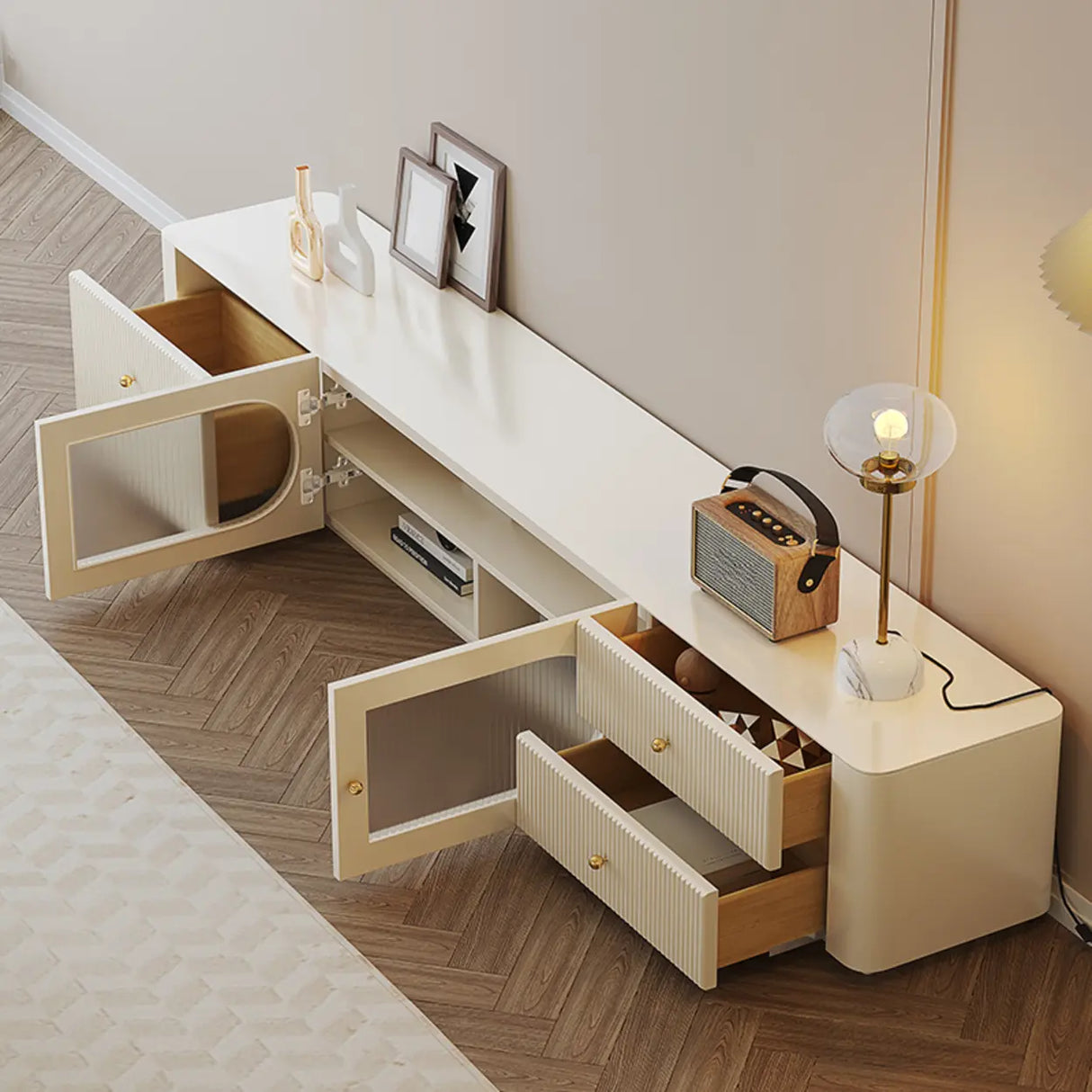 White Wood Shelves Cabinet Drawers Rectangle TV Stand Image - 8