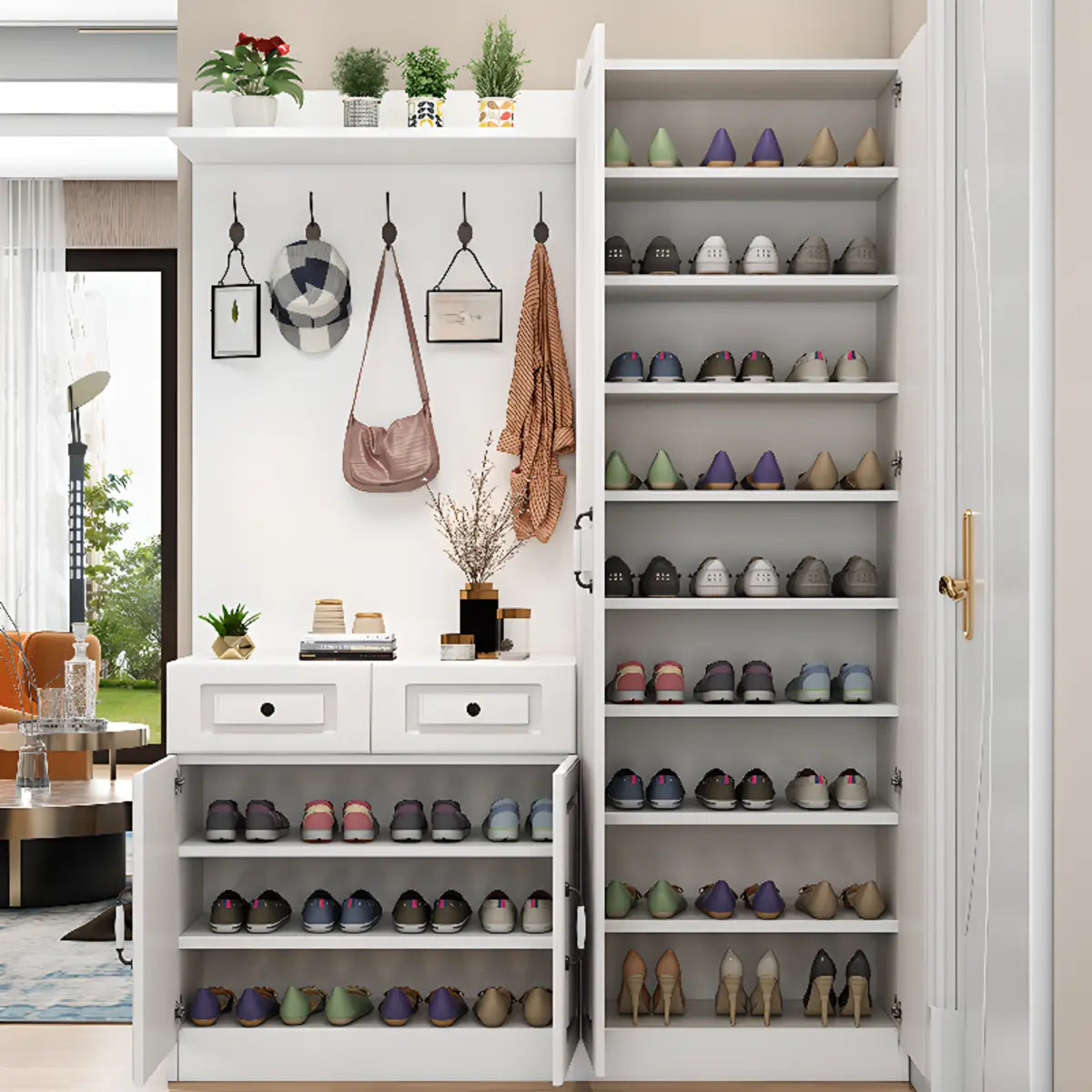 White Wood Shoe Storage Drawers Coat Rack with Shelves Image - 10