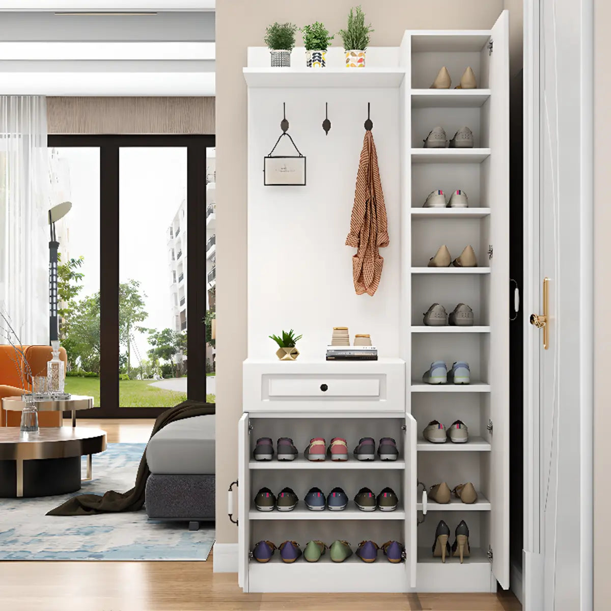 White Wood Shoe Storage Drawers Coat Rack with Shelves Image - 11