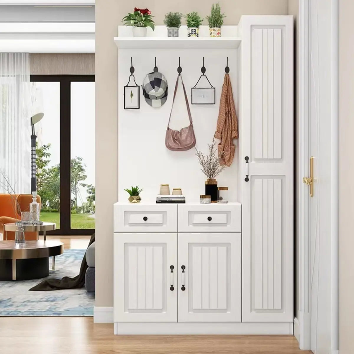 White Wood Shoe Storage Drawers Coat Rack with Shelves Image - 12