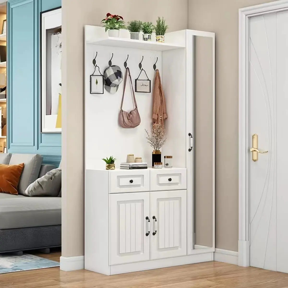 White Wood Shoe Storage Drawers Coat Rack with Shelves Image - 13