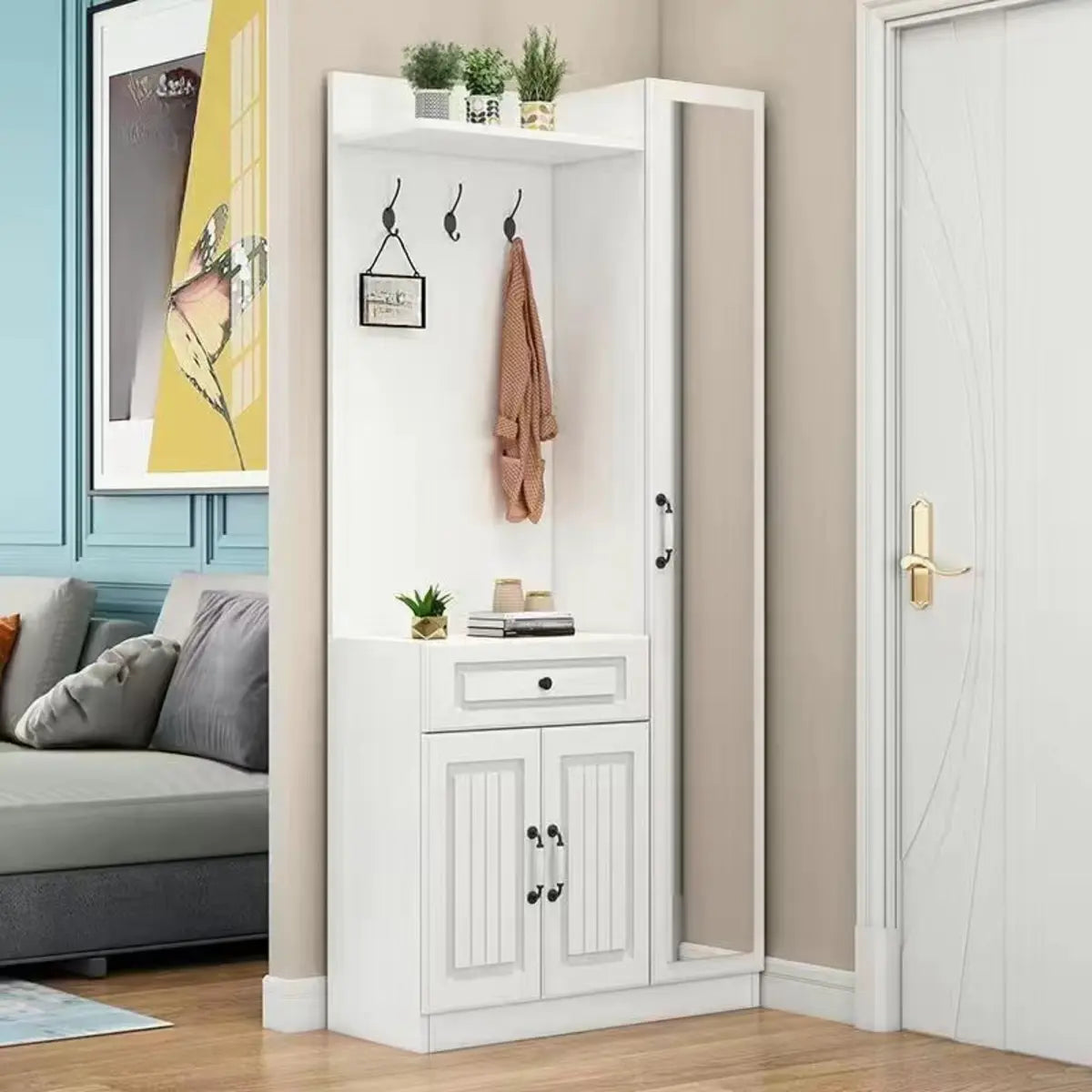 White Wood Shoe Storage Drawers Coat Rack with Shelves Image - 2