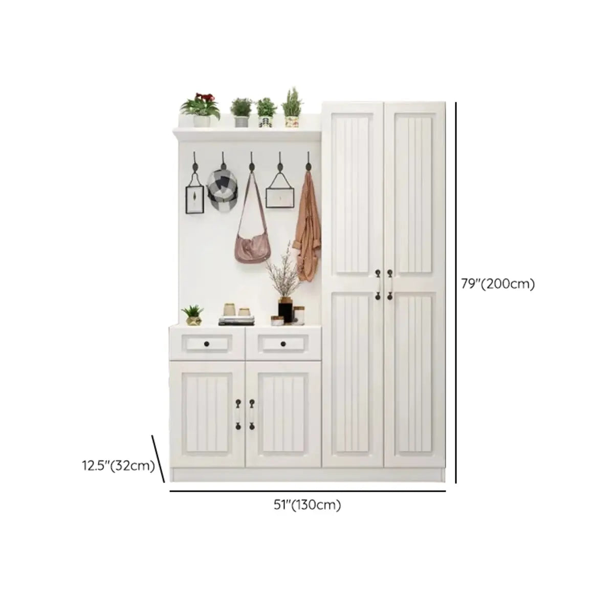 White Wood Shoe Storage Drawers Coat Rack with Shelves Image - 24