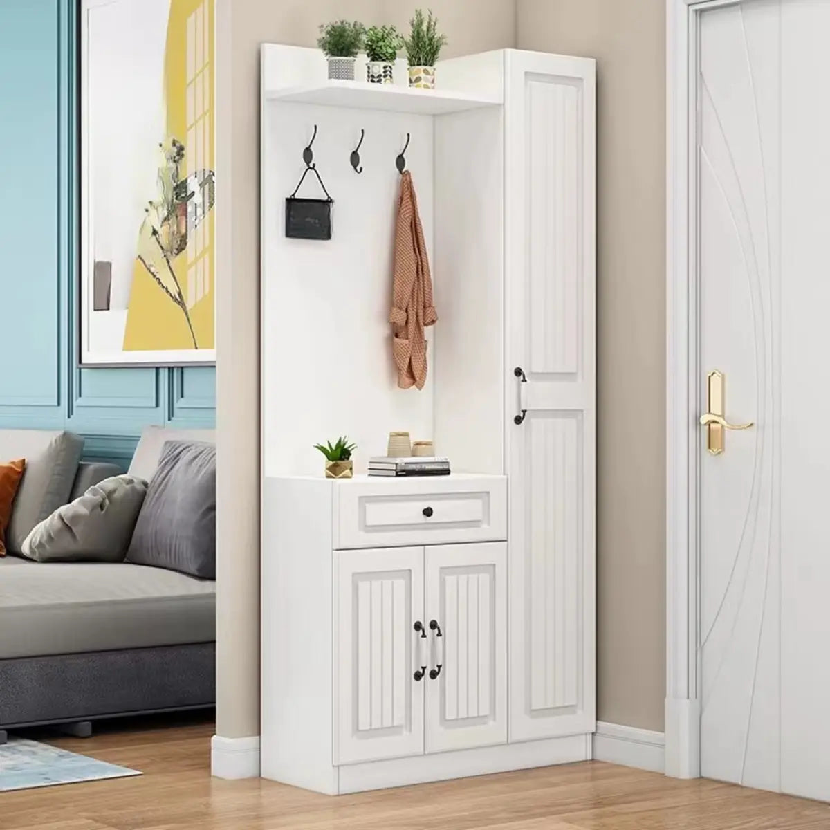 White Wood Shoe Storage Drawers Coat Rack with Shelves Image - 3