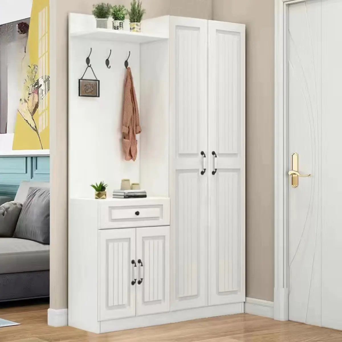 White Wood Shoe Storage Drawers Coat Rack with Shelves Image - 4