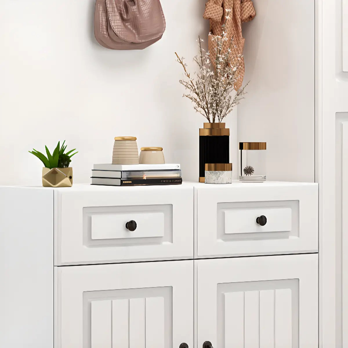 White Wood Shoe Storage Drawers Coat Rack with Shelves Image - 7