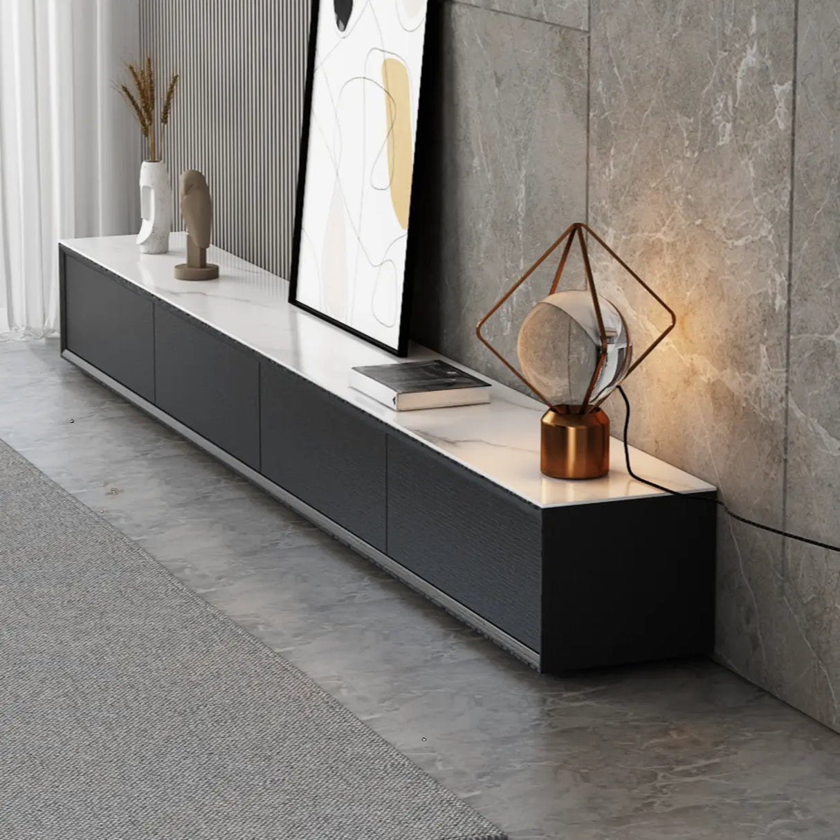 White Wood Slate Long TV Stand with Drawers Image - 2