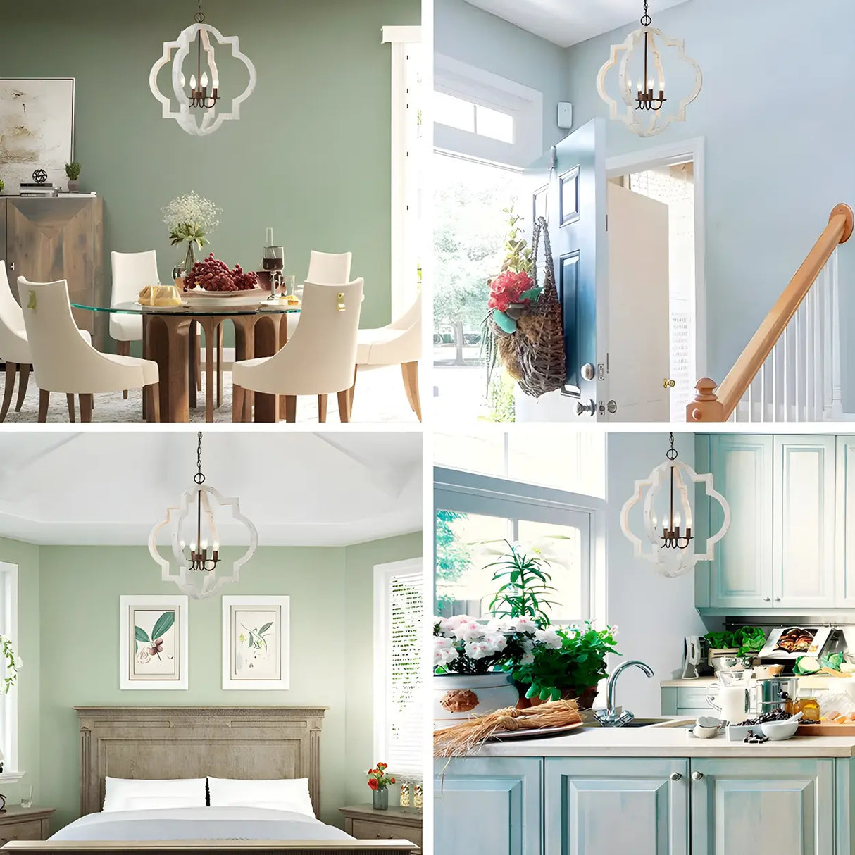 White Wood Small Candle Geometric Foyer Chandelier Image - 10